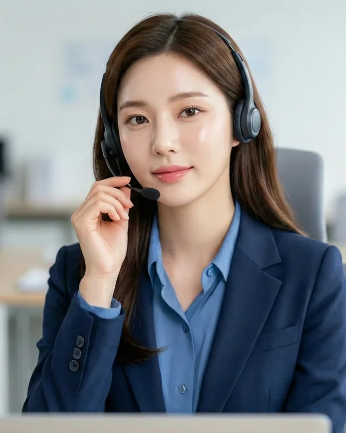 밝은 사무실에서 헤드셋을 쓰고 정장 차림으로 상담하는 상담원